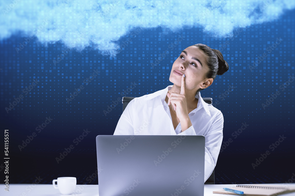 Poster attractive young european businesswoman at desktop with laptop on blurry digital blue background wit