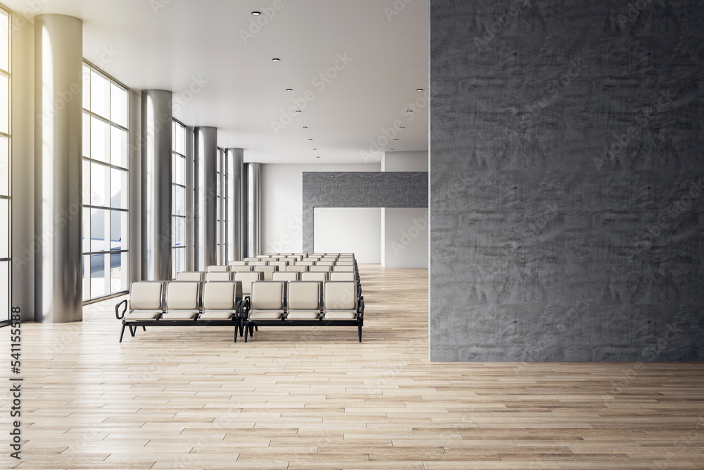 Aufkleber Front view on blank dark grey stone wall with place for advertisement or poster in stylish empty airport waiting area hall with seat rows and wooden floor. 3D rendering, mock up