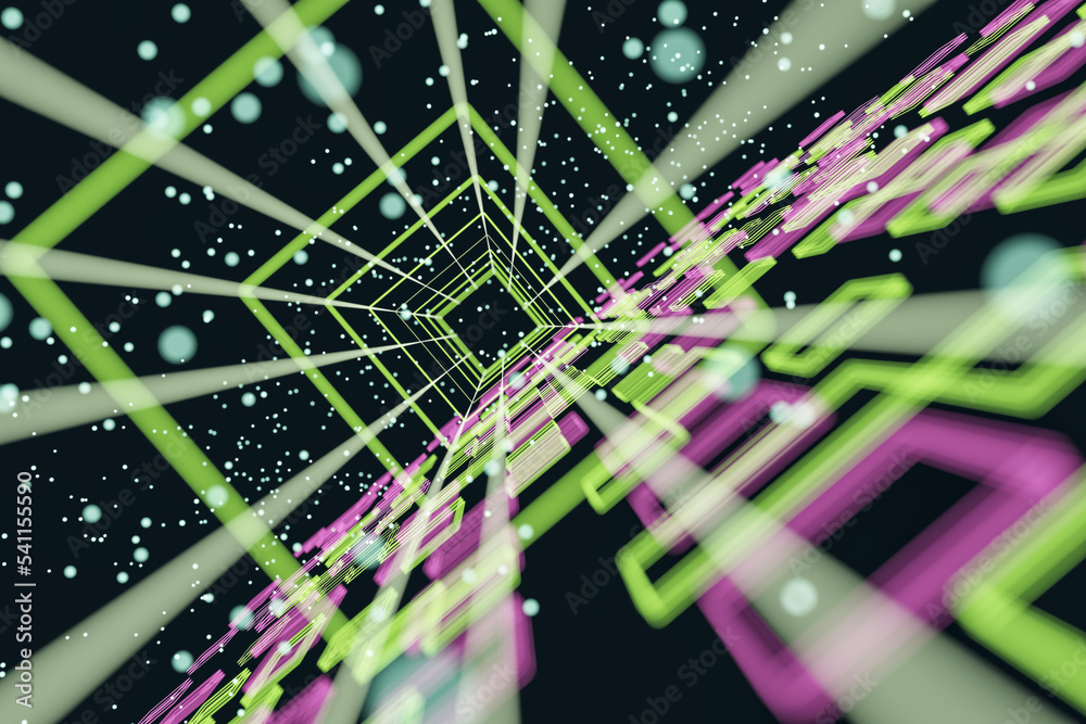 Poster Time machine concept with abstract background with tunnel effect of bright and blurred dots and squares on dark backdrop. 3D rendering
