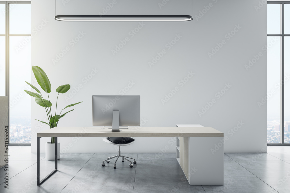 Poster Front view on minimalistic style work place in sunlit light office with white wall, city view from the window and light grey floor. 3D rendering