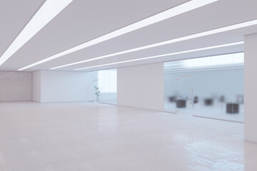 Modern white office hall interior with blurry matte windows. Law and legal, commercial concept. 3D Rendering.