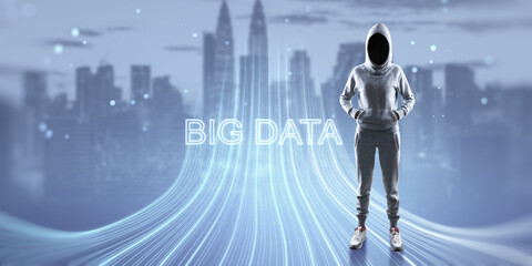 Hacker with abstract glowing big data or metaverse hologram on blurry city background. Future and...