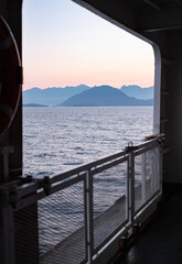 Morning Sunlight Shining Through Ship Window. View On Sea. Ferry Boat Or Cruise Liner. Sea Vacation Trip Travel Concept
