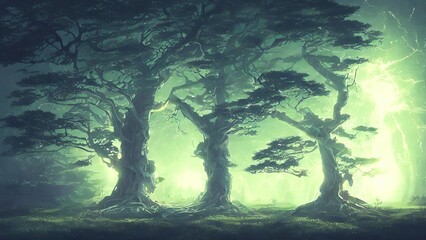 Fototapeta na wymiar Magical Forest. Beautiful light falling through the trees. Cyberpunk style.