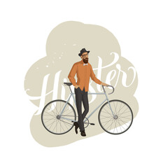 Hipster character design. Bearded man with bike