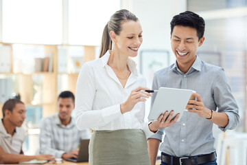 Business employees with tablet in meeting, people in corporate working together in Toronto or happy strategy planning. Professional white woman, happy asian man in tech job or company collaboration