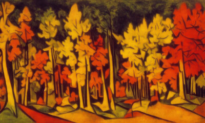 Autumn forest. Nature landscape. Digital illustration. Cubism style.