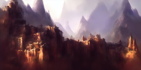 Fantasy mountain fortress. Digital illustration.
