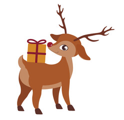 Cute reindeer with Christmas gift on white background