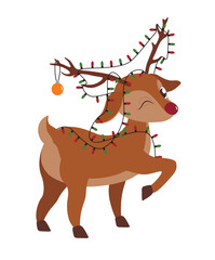 Cute reindeer with Christmas lights on white background