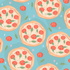 Italian pizza seamless pattern. Background with tomatoes and basil. Perfect for creating fabrics, textiles, wrapping paper, and packaging.