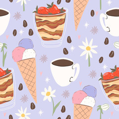 Cute Italian dessert seamless pattern. Tiramisu, ice cream, coffee and flower background wallpaper. Perfect for creating fabrics, textiles, wrapping paper, and packaging.