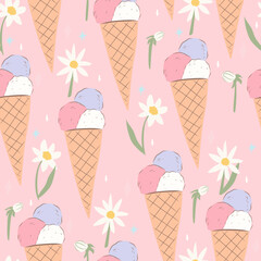 Ice cream and daisy seamless pattern. Cute background wallpaper. Perfect for creating fabrics, textiles, wrapping paper, and packaging.