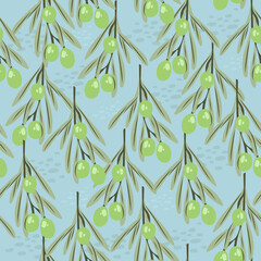 Olive branches seamless pattern. Olive background illustration. Perfect for creating fabrics, textiles, wrapping paper, and packaging. - 541156338