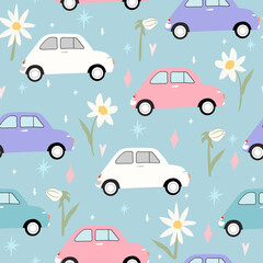 Cute car seamless pattern. Fiat 500 and floral background. Perfect for creating fabrics, textiles, wrapping paper, and packaging.