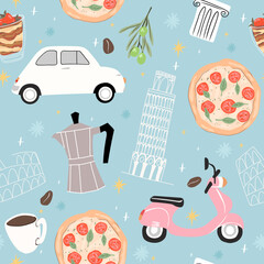 Italy seamless pattern. Background with fiat 500, vespa scooter, pizza and coffee. Perfect for creating fabrics, textiles, wrapping paper, and packaging.