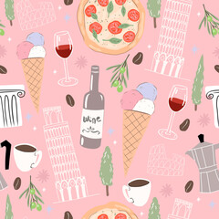 Italy seamless pattern. Background with ice cream, wine, pizza and  coffee. Perfect for creating fabrics, textiles, wrapping paper, and packaging.