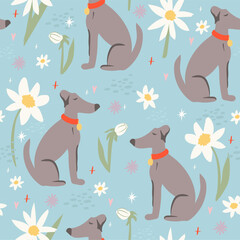 Dog and flower seamless patter. Cute background. Perfect for creating fabrics, textiles, wrapping paper, and packaging.