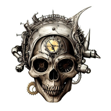 Steampunk skull. Digital illustration. Isolated on white background.