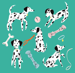 Dalmatian dog set. Cute puppy and toys. Perfect for creating fabrics, textiles, wrapping paper, and packaging. - 541156514