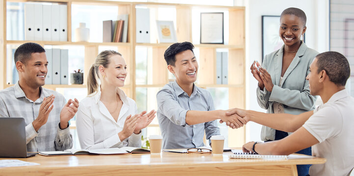 Handshake, applause and congratulations, recruitment success at startup meeting. Hand shake, thank you and a corporate welcome to new recruit or partner for business deal, achievement or agreement