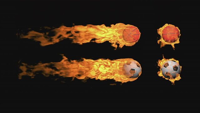 Football and basketball balls fly and burn on a transparent background alpha channel.