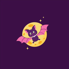 2D graphic cute bats flying in front of the full moon during the Halloween celebrations in October.