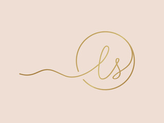 LS monogram logo.Calligraphic signature icon.Script letter s, letter l.Lettering sign.Wedding, fashion, beauty, gift boutique alphabet initials.Handwritten style gold characters.Circle frame.