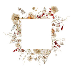 Watercolor floral frame. Hand painted wreath of dried forest leaves, fllowers, branches, red berries, fern. Botanical border for card design, print.
