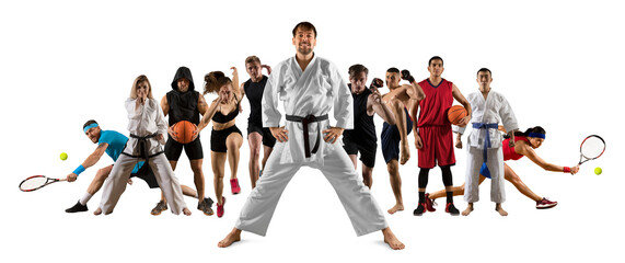 Sport collage. Taekwondo, tennis, running, boxing and basketball players