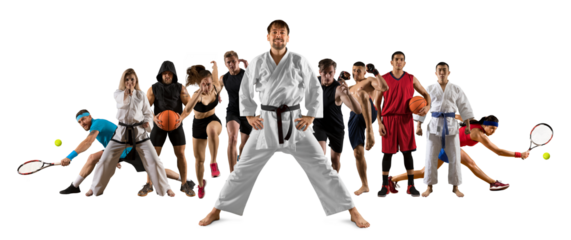 Sport collage. Taekwondo, tennis, running, boxing and basketball players