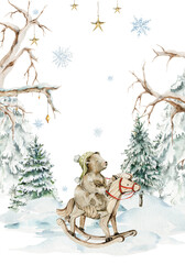 Watercolor nursery frame. Hand painted christmas woodland border of cute baby animals in wild, forest winter landscape, fir tree, bear. illustration for baby shower design, kids print, wall art