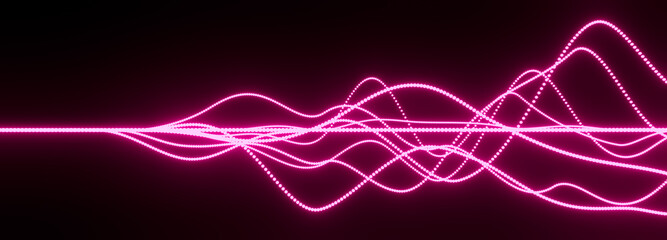 Illustration of pink 3D abstract wireframe sound waves, visualization of frequency signals audio wavelengths, conceptual futuristic technology waveform background with copy space for text