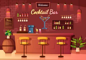Cocktail Bar or Nightclub with Friends Hanging Out with Alcoholic Fruit Juice Drinks or Cocktails on Flat Hand Drawn Cartoon Template Illustration