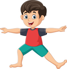 Fototapeta premium Cartoon little boy doing warrior yoga pose