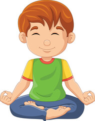 Cartoon little boy doing lotus yoga position
