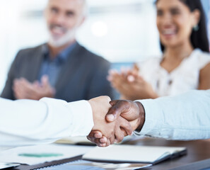 Business, partnership and handshake diversity deal with corporate partners clapping. Crm, meeting...