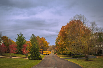 View of Midwestern suburban street with school bus driving at the distance in fall; colorful trees...