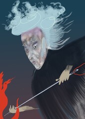 drawing fantasy character japanese old man fights with a needle with a red dragon on a blue background