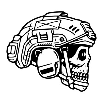 tactical warrior skull and military helmet in white begrouynd