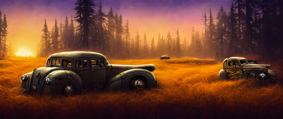 Plakat Artistic concept painting of a old timer car in the forest, background illustration.
