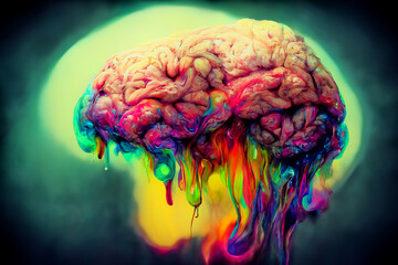 Abstract painting. Humans brain in acid colors. 2D illustration - obrazy, fototapety, plakaty