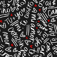 Amor fondo sin costura con frases tipografías. Tu y yo, mi amor, te quiero mucho, mi corazón mensajes. Gráfico vector para el día de San Valentin de colores negro, blanco y rojo. 