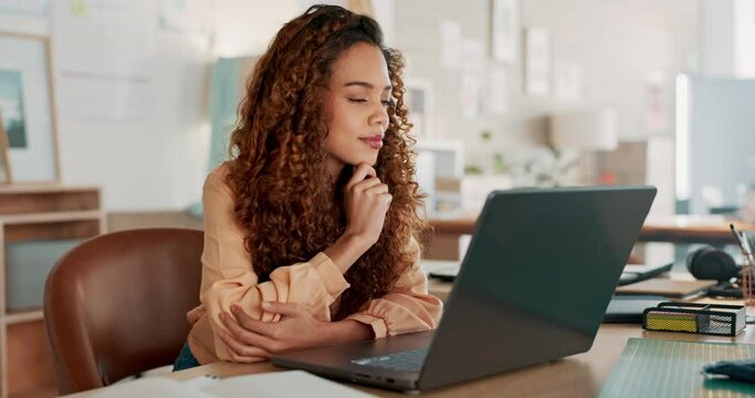 Business, black woman and with laptop for thinking, startup company and research being happy, reading online or use internet. Female entrepreneur, planning and idea doing strategy, working or office.