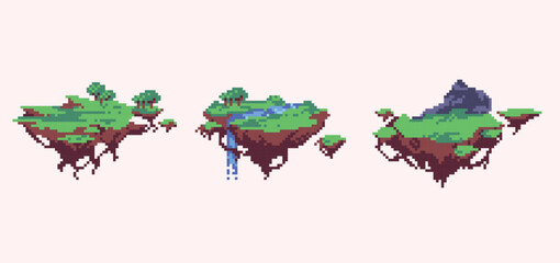 Floating island pixel art set. Surreal flying ground collection. 8 bit sprite. Game development, mobile app.  Isolated vector illustration. © SickleMoon