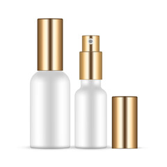 Small Cosmetic Bottles With Golden Caps for Perfume or Oil, Isolated on White Background. Vector Illustration