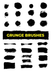 Set of brush strokes bundle. circle frames. Dirty distress texture banners. Round grunge design elements. Rectangle, square and burst text boxes. Dirty decoration elements collection. Vector