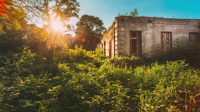 Remains Of Yastrzhembsky Estate And Park Complex. Old Abandoned Ruined House. Borisovshchyna, Khoiniki District, Belarus.