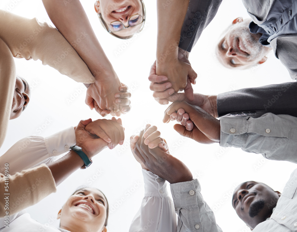 Poster hands, teamwork and motivation with a business team in a huddle or circle together from below. colla