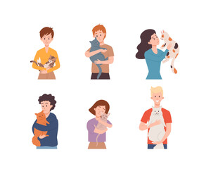 Set of people hugging cute cats flat style, vector illustration